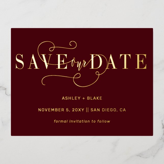 Burgundy Handwritten Calligraphy Save the Date  Foil Invitation Postcard (Front)