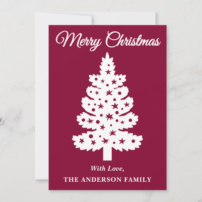 Burgundy Handwritten Script Christmas Tree Holiday Card (Front)