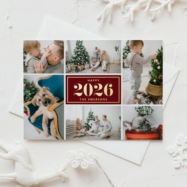 Burgundy Happy New Year 2026 Photo Collage Foil Holiday Card (Customizable photo collage New Year card featuring gold foil texts on a burgundy background.)