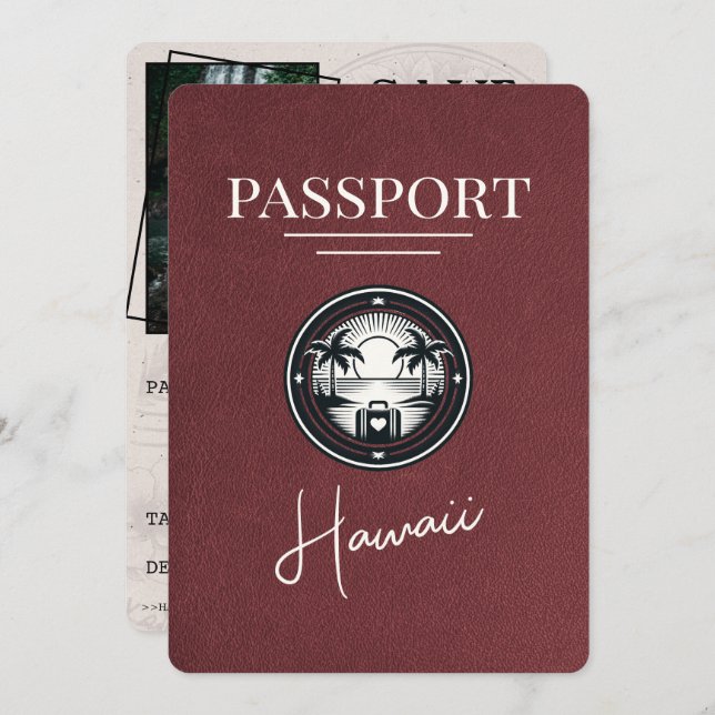 Burgundy Hawaii Passport Save The Date (Front/Back)