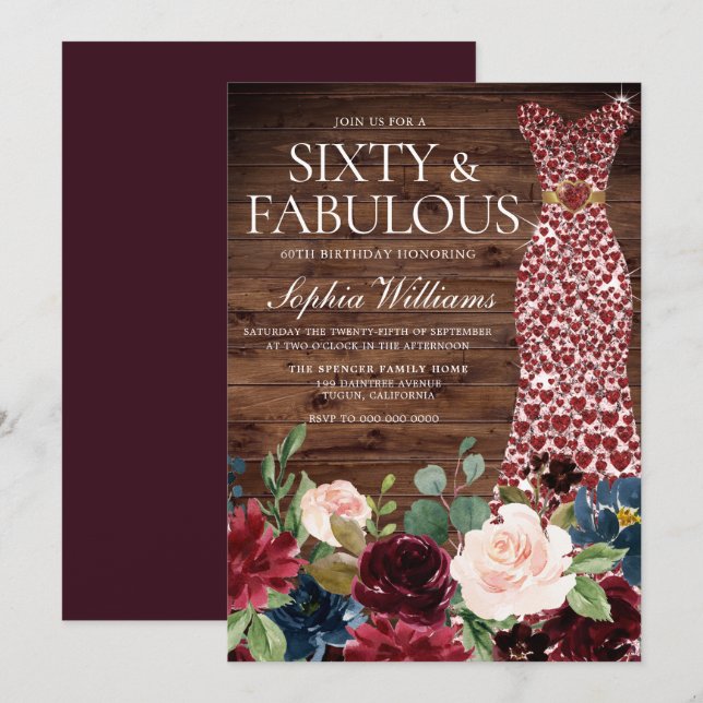 Burgundy Heart Dress Rustic Floral 60th Birthday Invitation (Front/Back)