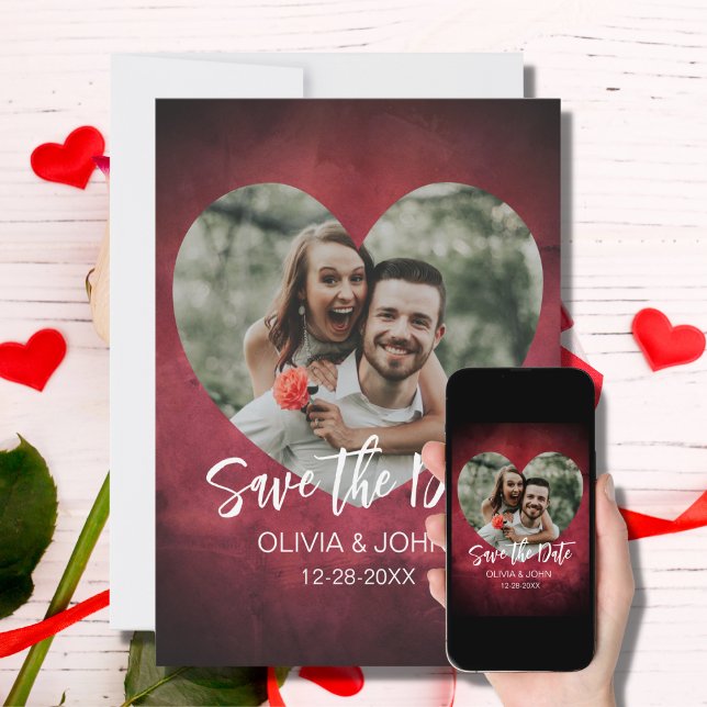 Burgundy Heart-Shaped Photo Save the Date Wedding Invitation (Creator Uploaded)