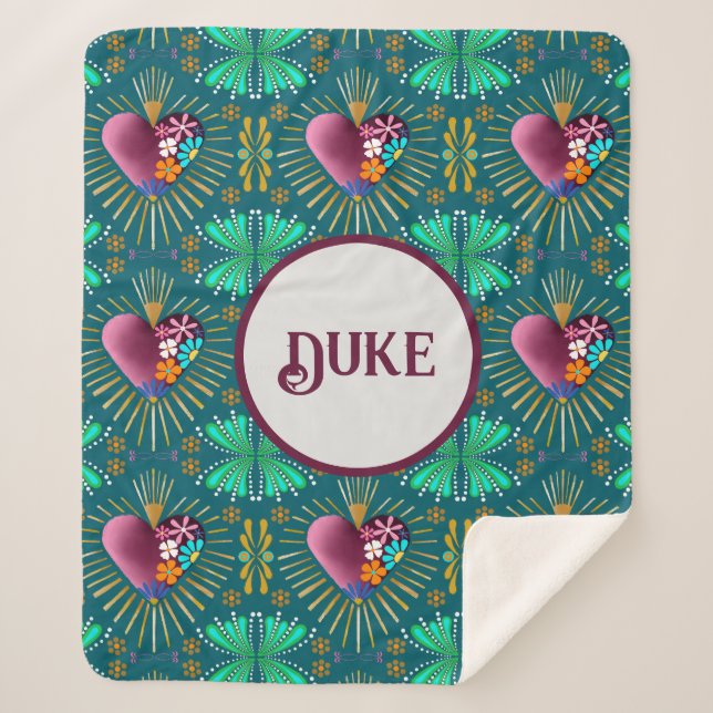 Burgundy heart with flowers and golden rays  sherpa blanket (Front)