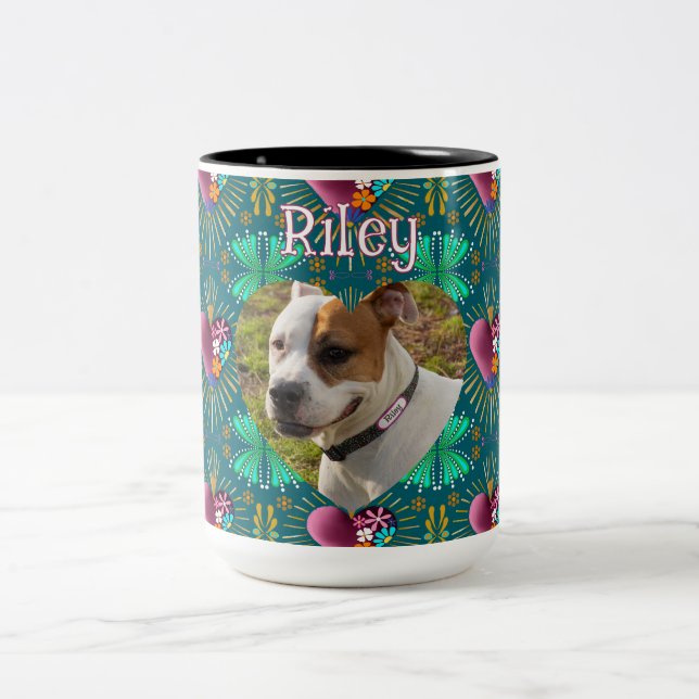 Burgundy heart with flowers and golden rays  Two-Tone coffee mug (Center)