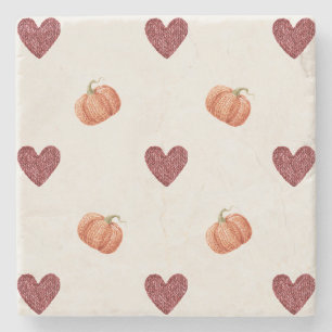 Burgundy Hearts Pumpkins Stone Coaster