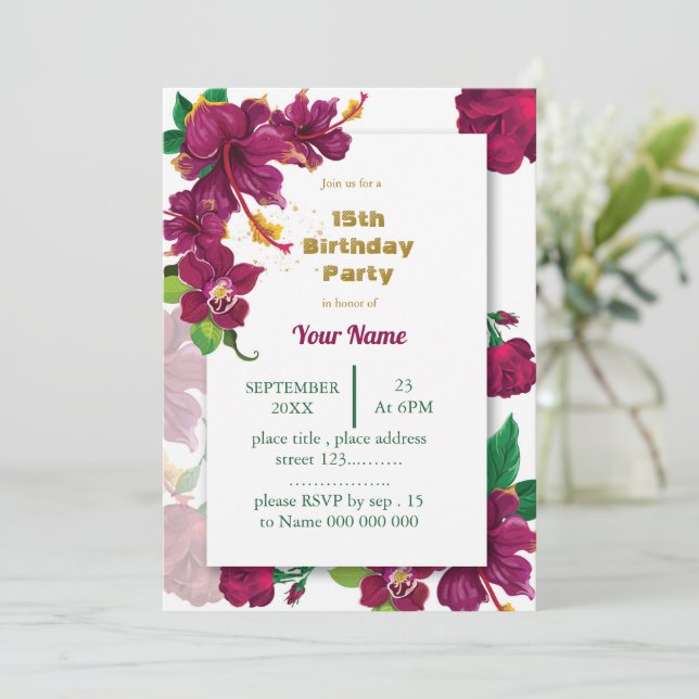 burgundy hibiscus flowers rose birthday party invitation (Standing Front)