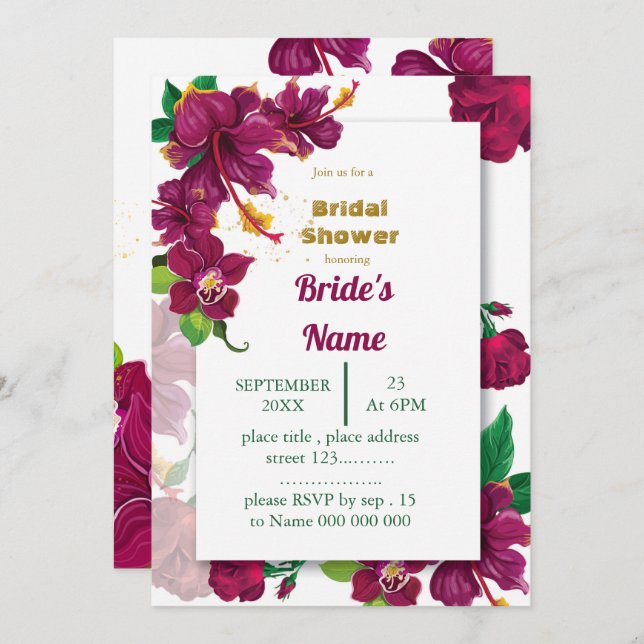 burgundy hibiscus flowers rose bridal shower invitation (Front/Back)