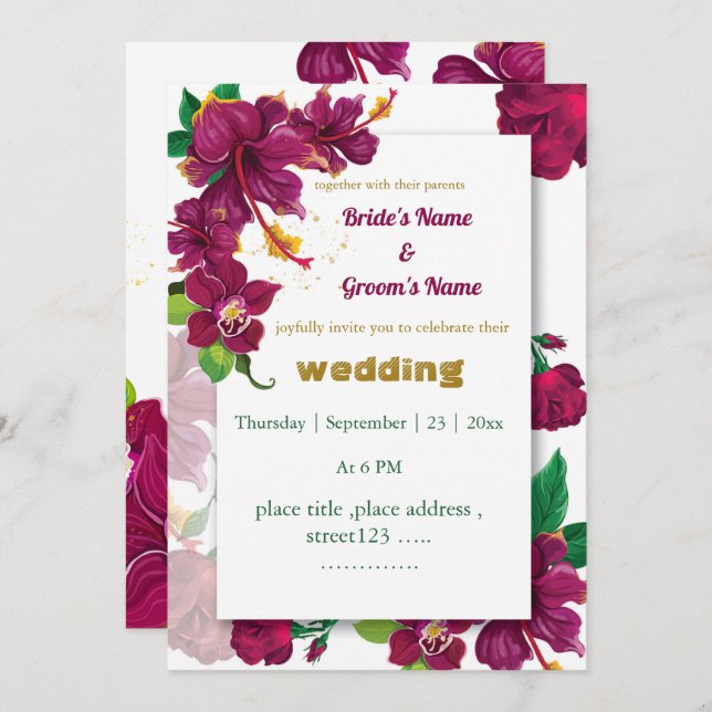 burgundy hibiscus flowers rose wedding invitation (Front/Back)