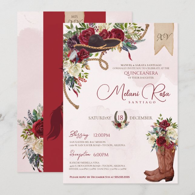 Burgundy Holiday Floral Western Charro Quinceanera Invitation (Front/Back)