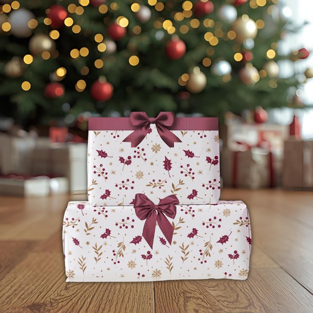Burgundy Holly & Gold Christmas Wrapping Paper (Creator Uploaded)