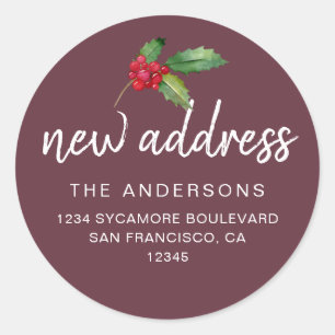 Burgundy Holly New Address Holiday Classic Round Sticker
