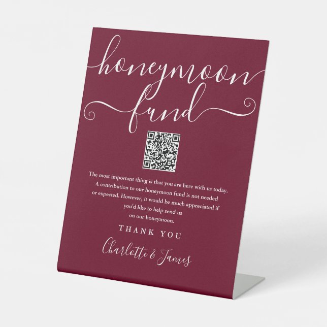 Burgundy Honeymoon Fund QR Code Pedestal Sign (Front)