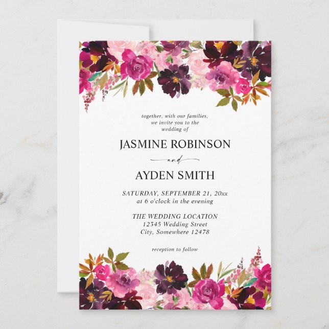 Burgundy, Hot & Blush Pink & Purple Floral Wedding Invitation (Front)