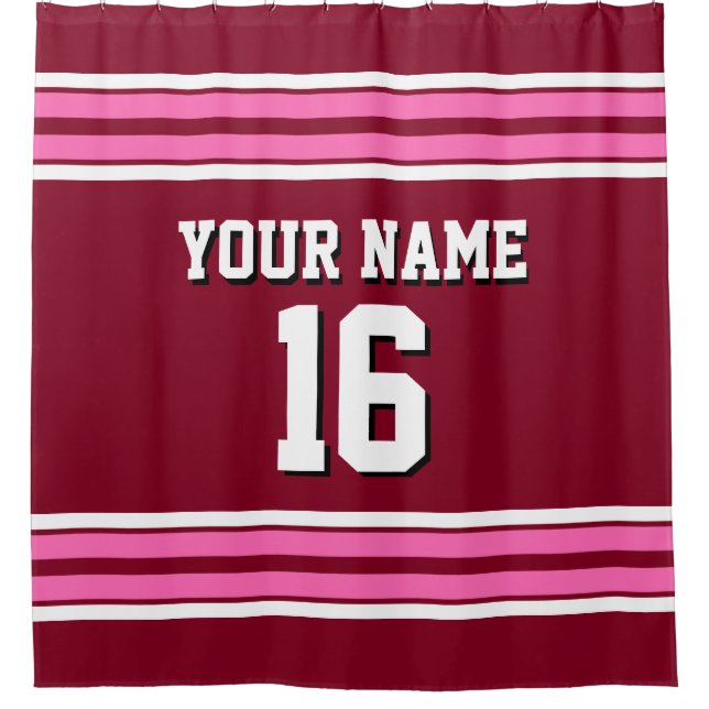 Burgundy Hot Pink White Stripes Sports Jersey Shower Curtain (Front)