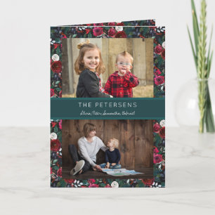 Burgundy Hunter Green Floral Christmas 2 Photos Holiday Card
