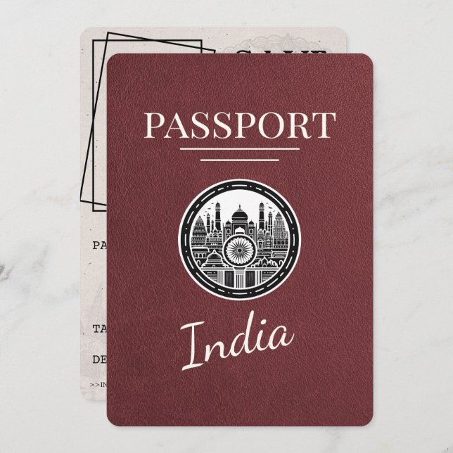 Burgundy India Passport Save The Date (Front/Back)