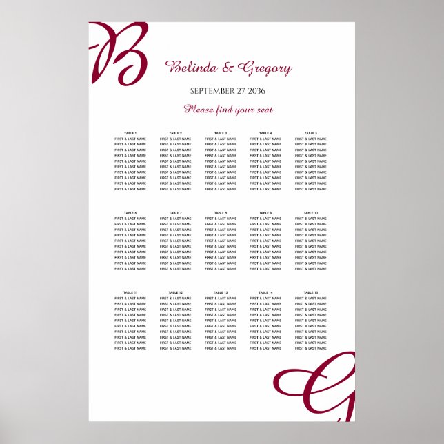 Burgundy Initial Autumn Fall Wedding Seating Chart (Front)
