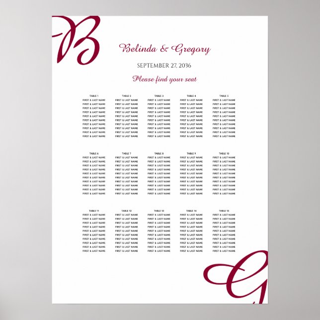 Burgundy Initial Autumn Fall Wedding Seating Chart (Front)