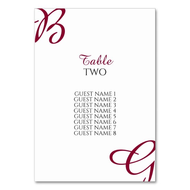 Burgundy Initials Autumn Fall Wedding Guest Names Table Number (Front)