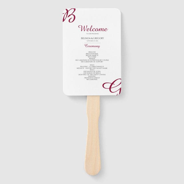 Burgundy Initials Autumn Fall Wedding Program  Hand Fan (Front)