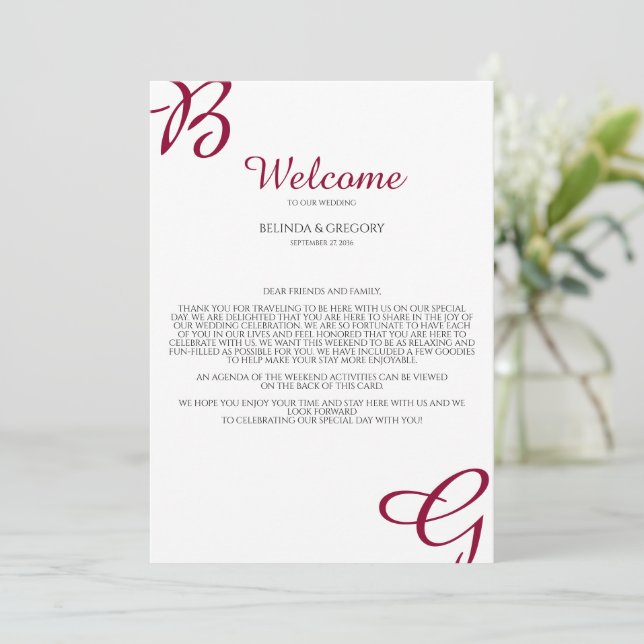 Burgundy Initials Fall Wedding Welcome Itinerary Programme (Standing Front)