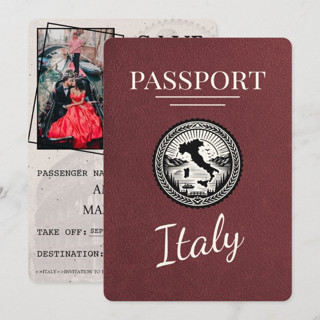 Burgundy Italy Passport Save The Date (Front/Back)