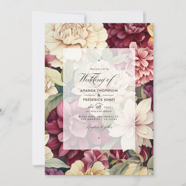 Burgundy, Ivory, and Sage Floral Wedding Invitation (Front)