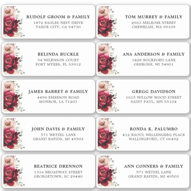 Burgundy Ivory Blush Floral Wedding Guest Address  (Front)
