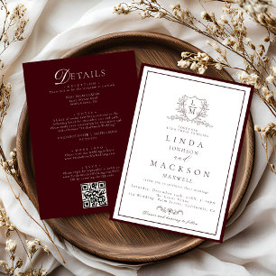 Burgundy & Ivory botanical crest All in onewedding Invitation