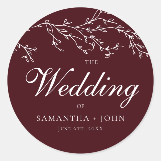 Burgundy & Ivory Botanical Elegant Wedding Classic Round Sticker (Front)