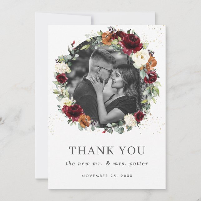 Burgundy Ivory Burnt Orange Floral Wreath Photo Thank You Card (Front)