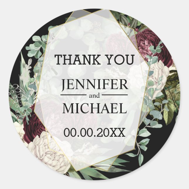 Burgundy ivory dark moody rose eucalyptus  classic round sticker (Front)