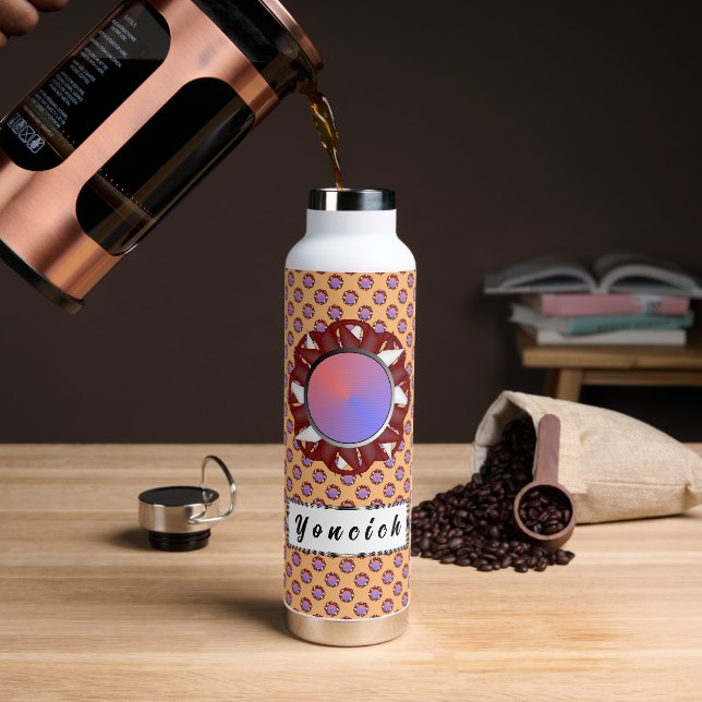 Burgundy-Ivory Disc Ribbon by Kenneth Yoncich Water Bottle (Coffee)