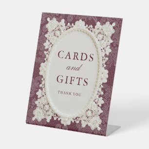 Burgundy Ivory Doily Lace Wedding Cards & Gifts Pedestal Sign