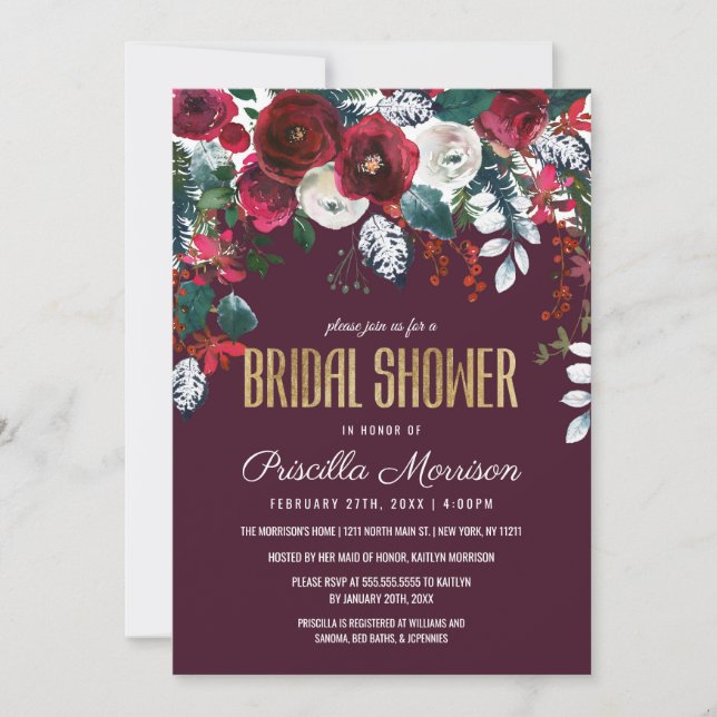 Burgundy Ivory Floral Arrangement Bridal Shower Invitation (Front)