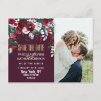 Burgundy Ivory Floral Arrangement Gold Save Date