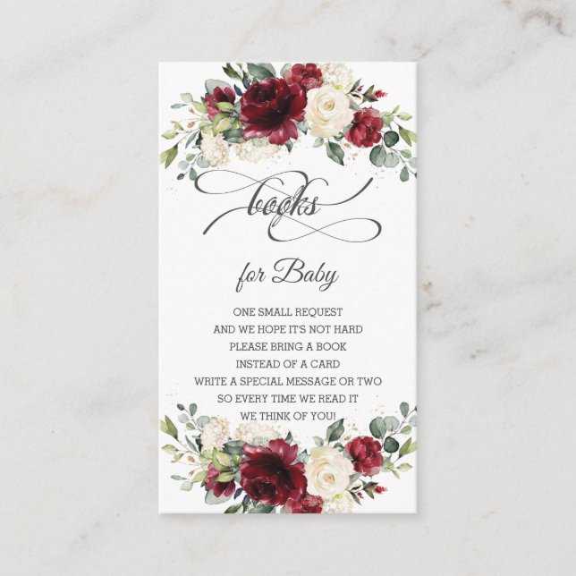 Burgundy Ivory Floral Baby Shower Bring a Book Enclosure Card (Front)