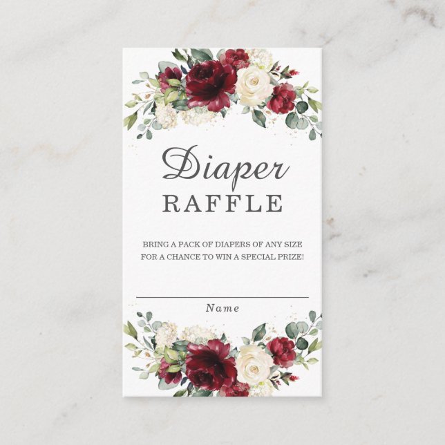 Burgundy Ivory Floral Baby Shower Diaper Raffle Enclosure Card (Front)