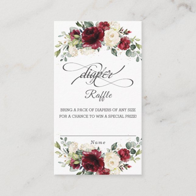 Burgundy Ivory Floral Baby Shower Diaper Raffle Enclosure Card (Front)