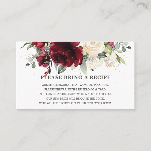 Burgundy Ivory Floral Bridal Shower Bring Recipe   Enclosure Card (Front)