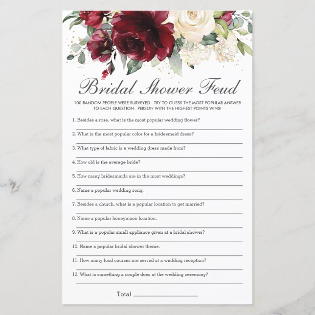 Burgundy Ivory Floral Bridal Shower Feud Game (Front)