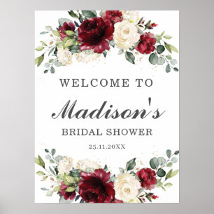 Burgundy Ivory Floral Bridal Shower Welcome Sign