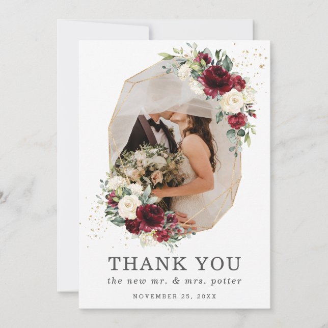Burgundy Ivory Floral Gold Geometric Photo Wedding Thank You Card (Front)