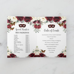 Burgundy Ivory Floral Gold Quinceañera Masquerade  Programme