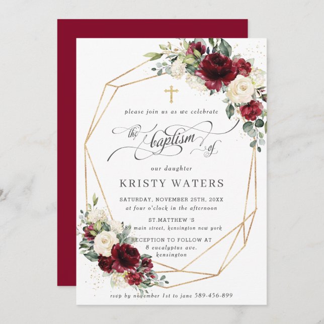 Burgundy Ivory Floral Greenery Baptism Geometric Invitation (Front/Back)