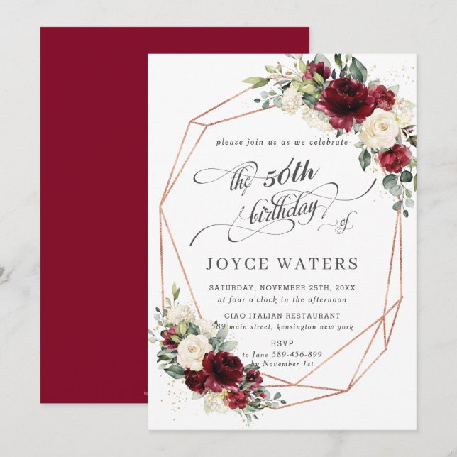 Burgundy Ivory Floral Greenery Birthday Geometric  Invitation (Front/Back)