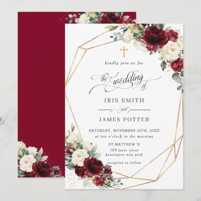 Burgundy Ivory Floral Greenery Church Wedding   Invitation (Front/Back)