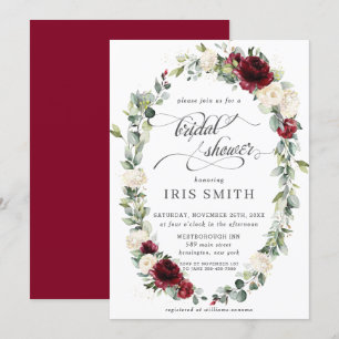 Burgundy Ivory Floral Leafy Wreath Bridal Shower Invitation