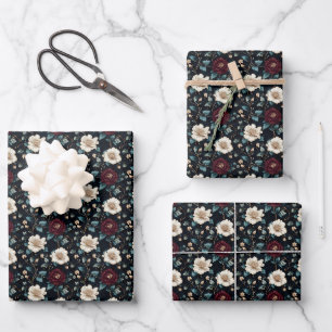 Burgundy & Ivory Floral on Black Wrapping Paper Sheet