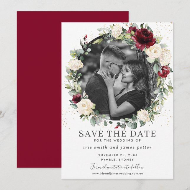 Burgundy Ivory Floral Photo Save the Date Card (Front/Back)